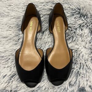 Nine West NW7 Blossom Peep-Toe Flats Black Leather Womens Size 7